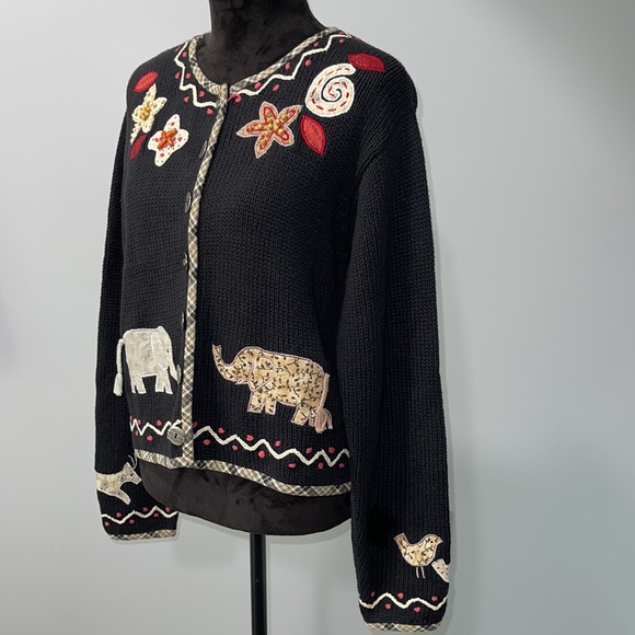 Vintage Orivis ramie cardigan sweater Medium floral animals patch embroidered - Picture 4 of 16